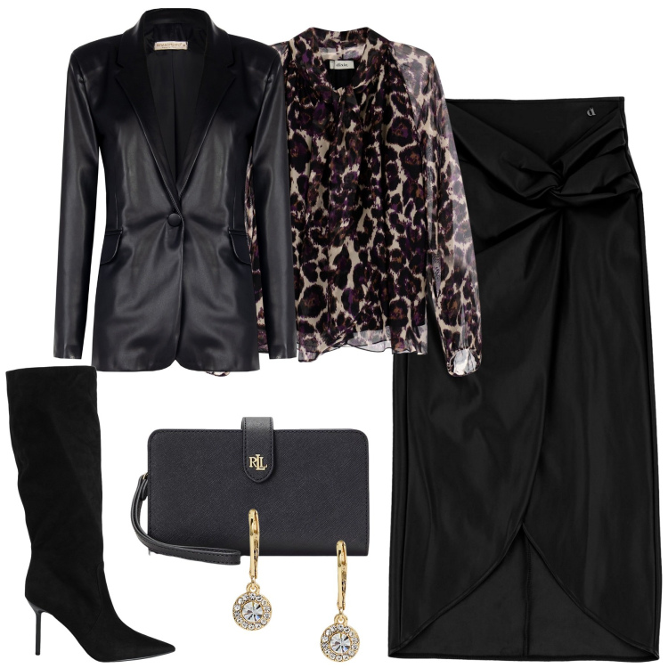 Outfit donna - Serata. Stile Trendy per Serata fuori. Abbinamento con stivali, gonne, camicie, blazer, pochette, orecchini.