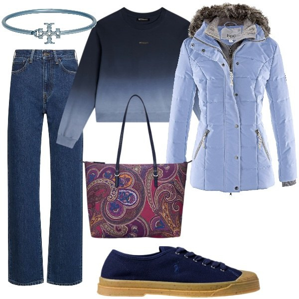 Outfit donna - Total look #2056040. Stile Basic per Scuola/Università. Abbinamento con piumini, braccialetti, felpe, borse tote, sneakers, jeans dritti.
