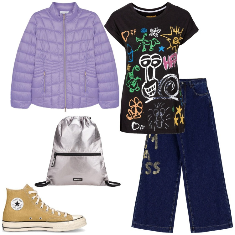 Outfit donna - Murales style. Stile Casual per Scuola/Università. Abbinamento con t-shirt, zaini, jeans, sneakers, piumini.