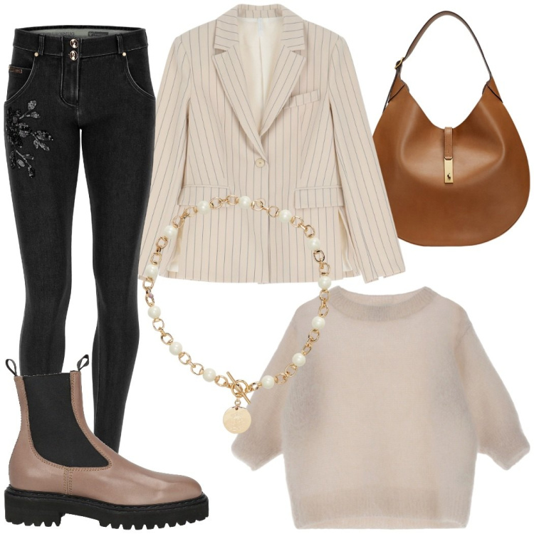 Outfit donna - Chic in ufficio. Stile Chic per Ufficio. Abbinamento con stivaletti chelsea, blazer, jeans skinny, maglieria, borse a spalla, collane.