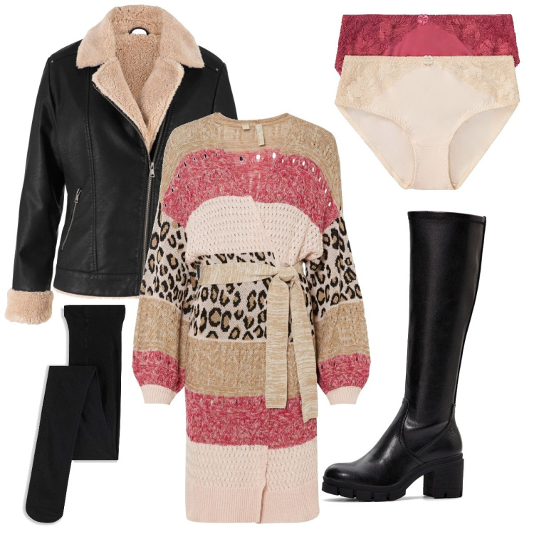 Outfit donna - Animalier. Stile Casual per Tutti i giorni. Abbinamento con blazer, culotte, cardigans, stivali, calzini.