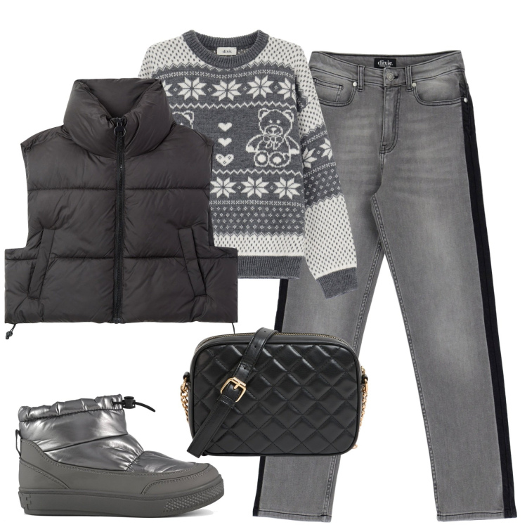 Outfit donna - In montagna. Stile Casual per Tutti i giorni. Abbinamento con borse a tracolla, piumini, jeans dritti, maglieria, stivaletti.