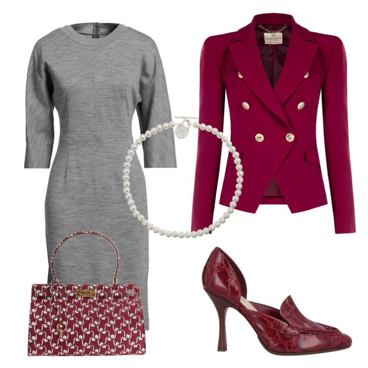 Outfit donna - Tema Bordeaux. Stile Bon Ton per Ufficio. Abbinamento con vestiti midi/longuette, décolleté, borse a mano, blazer, collane.
