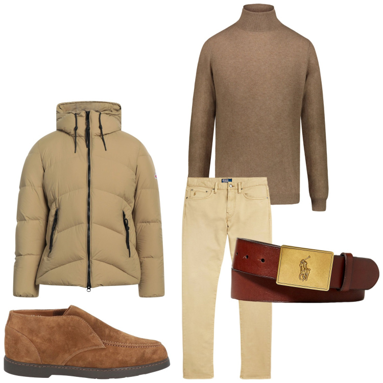 Outfit uomo - Passeggiata. Stile Casual per Tutti i giorni. Abbinamento con piumini, stivali e stivaletti, cinture, pantaloni chino, maglieria.
