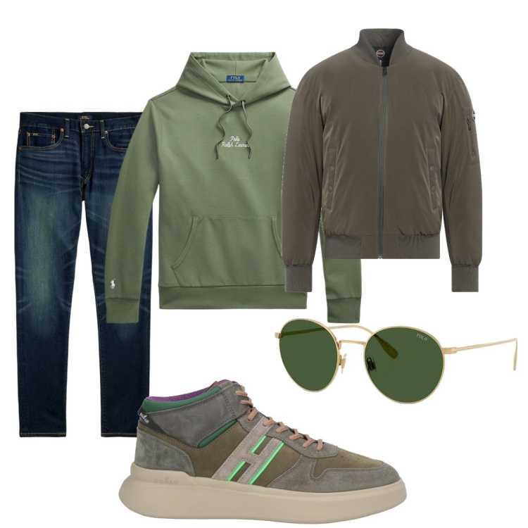 Outfit uomo - Total look #2056066. Stile Urban per Tutti i giorni. Abbinamento con sneakers alte, piumini, jeans, felpe con cappuccio, occhiali da sole.
