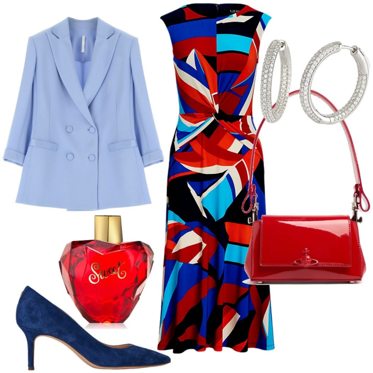 Outfit donna - Invito elegante in primavera. Stile Glamour per Cerimonia. Abbinamento con profumi, orecchini, blazer, vestiti, décolleté, borse a spalla.