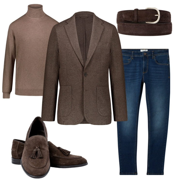 Outfit uomo - Il marrone con il blu. Stile Trendy per Tutti i giorni. Abbinamento con jeans skinny, cinture, giacche, maglieria, scarpe stringate.