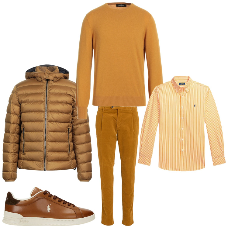 Outfit uomo - Arancio. Stile Casual per Ufficio. Abbinamento con pullovers, pantaloni, piumini, sneakers, camicie.