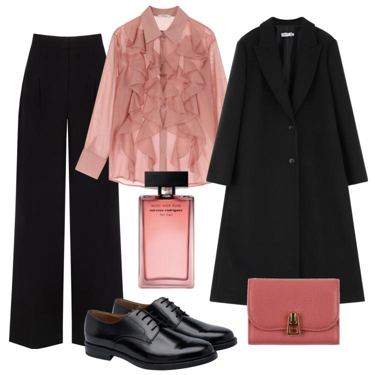 Outfit donna - Con le rouches in ufficio. Stile Glamour per Ufficio. Abbinamento con portafogli, profumi, cappotti, pantaloni a palazzo, camicie, scarpe stringate.