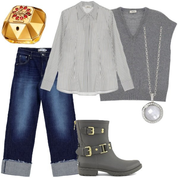 Outfit donna - Total look #2056076. Stile Basic per Tutti i giorni. Abbinamento con profumi, collane, jeans, camicie, gilet, stivali.