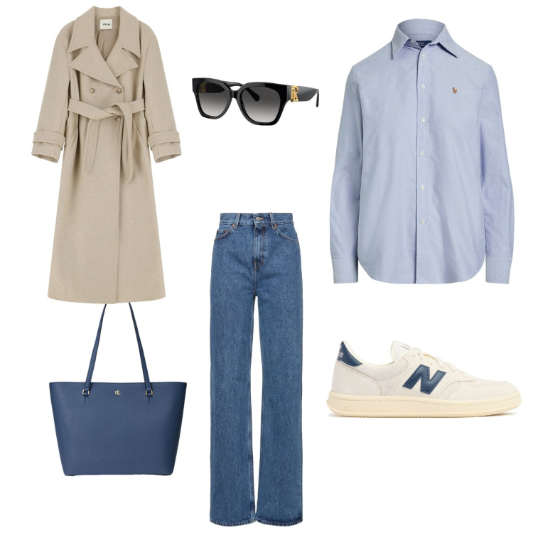 Outfit donna - Denim outfit. Stile Casual chic per Tutti i giorni. Abbinamento con trench, borse tote, camicie, occhiali da sole, jeans, sneakers.