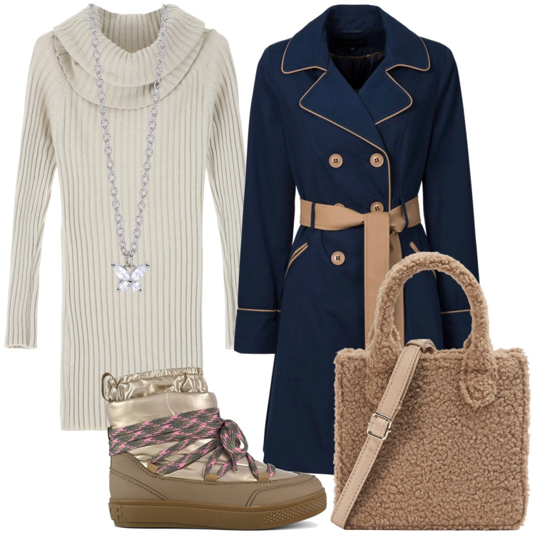 Outfit donna - Farfalla d inverno. Stile Urban per Tutti i giorni. Abbinamento con trench, shopping bag, collane, vestiti corti, stivaletti.