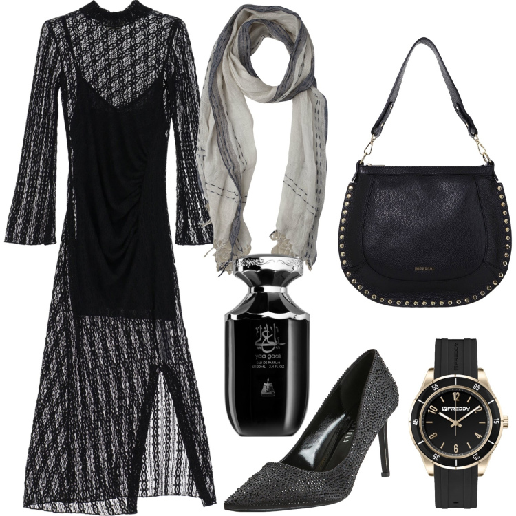 Outfit donna - Look wow con ultimi affaroni. Stile Glamour per Serata fuori. Abbinamento con profumi, décolleté, borse a spalla, orologi, vestiti midi/longuette, sciarpe.