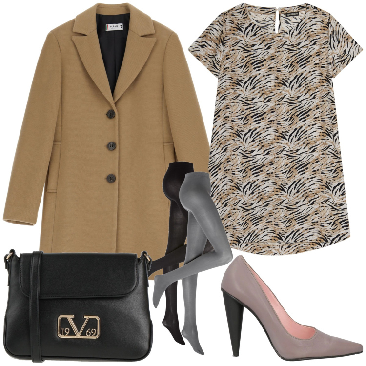 Outfit donna - Cappotto cammello. Stile Urban per Ufficio. Abbinamento con collant, décolleté, borse a tracolla, cappotti, vestiti midi/longuette.