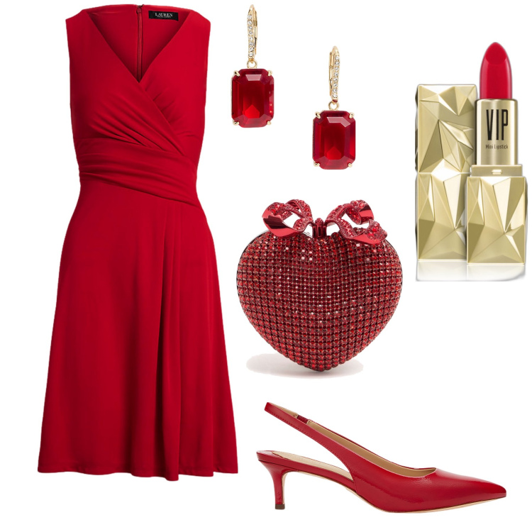 Outfit donna - Rosso Valentino. Stile Chic per Serata fuori. Abbinamento con rossetti, décolleté, vestiti, orecchini, pochette.