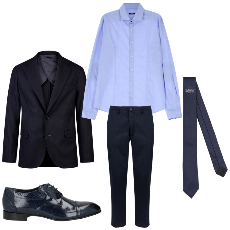 Outfit uomo - Elegante in blu. Stile Business/Elegante per Serata speciale. Abbinamento con scarpe stringate, cravatte, camicie, giacche, pantaloni.