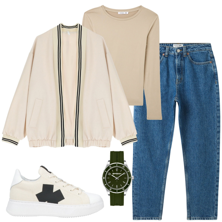 Outfit donna - Total look #2056139. Stile Casual per Tutti i giorni. look ideale per Petite. Abbinamento con sneakers, jeans mom, t-shirt, bomber, orologi.