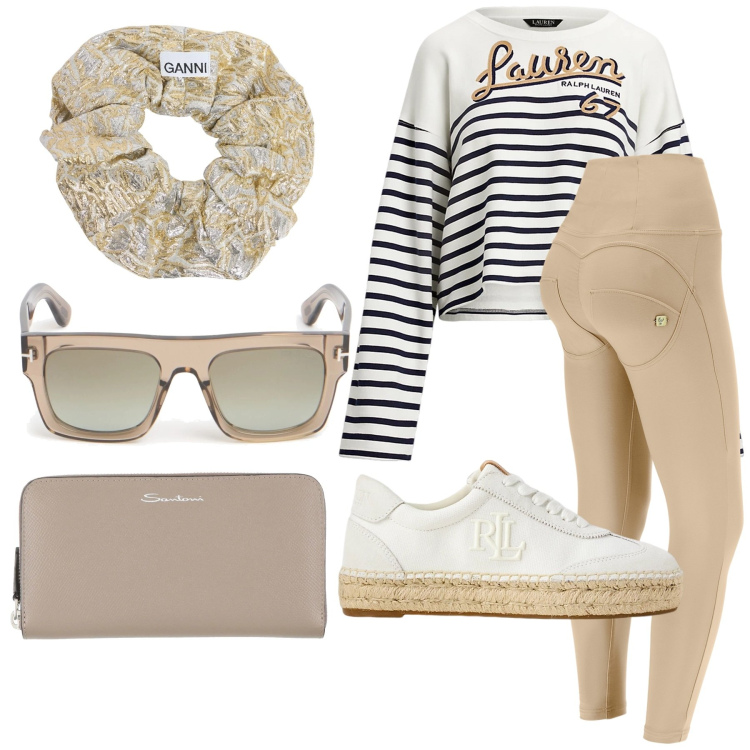 Outfit donna - Relaxed. Stile Casual per Tutti i giorni. Abbinamento con portafogli, pantaloni skinny, sneakers, felpe, occhiali da sole, accessori per capelli.