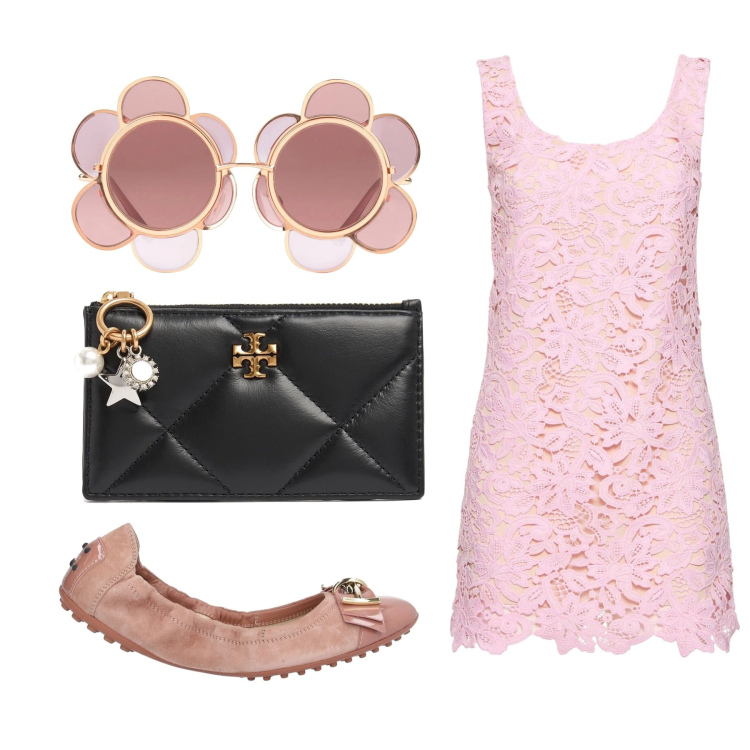 Outfit donna - Flower power. Stile Bon Ton per Tutti i giorni. Abbinamento con ballerine, occhiali da sole, vestiti, portafogli.