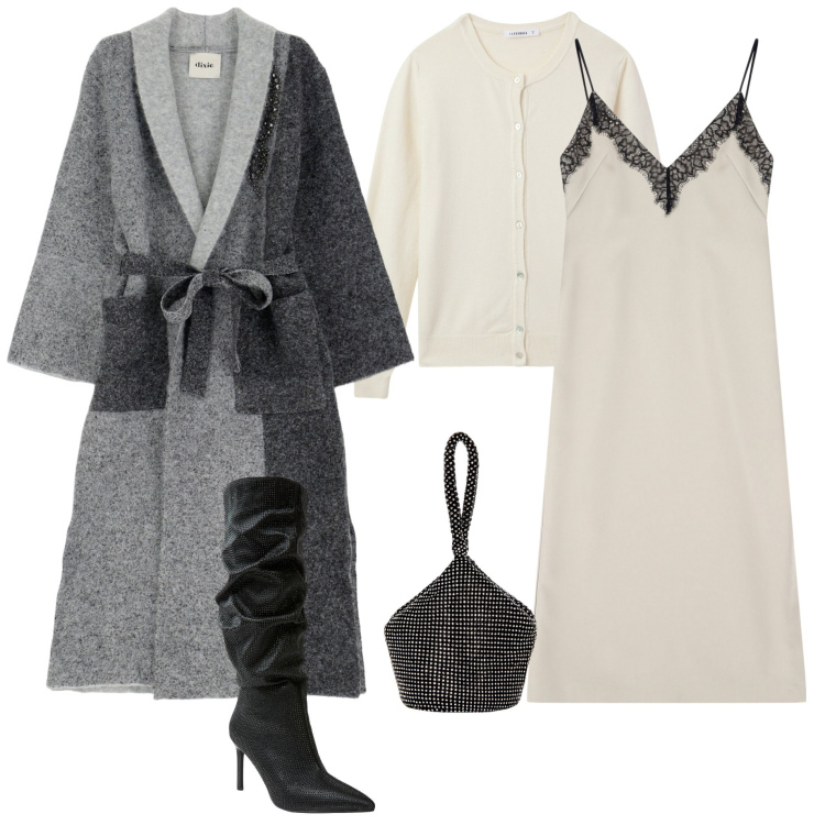 Outfit donna - Abito avorio. Stile Chic per Serata fuori. Abbinamento con pochette, stivali, cardigans, vestiti midi/longuette, cappotti.