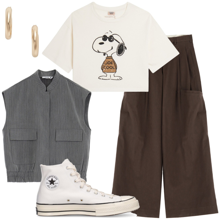 Outfit donna - Snoopy. Stile Vintage retrò per Tutti i giorni. look ideale per Petite. Abbinamento con blazer, t-shirt, pantaloni a palazzo, orecchini, sneakers.
