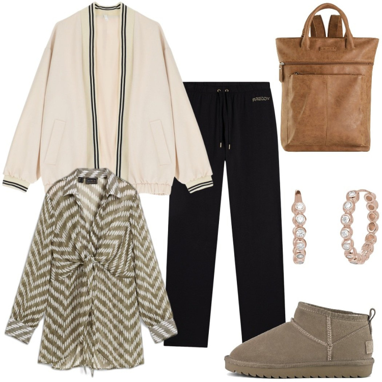 Outfit donna - Comoda con stile. Stile Casual chic per Tutti i giorni. Abbinamento con zaini, bluse, orecchini, bomber, pantaloni, stivali.