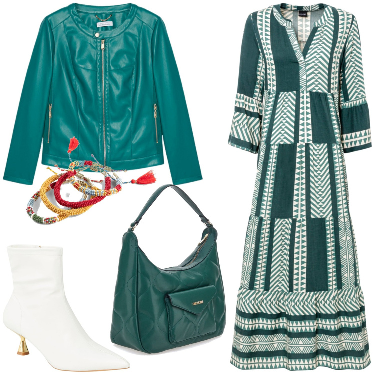 Outfit donna - Stile boho biker. Stile Boho per Tutti i giorni. Abbinamento con vestiti lunghi, braccialetti, stivaletti, blazer, borse a spalla.