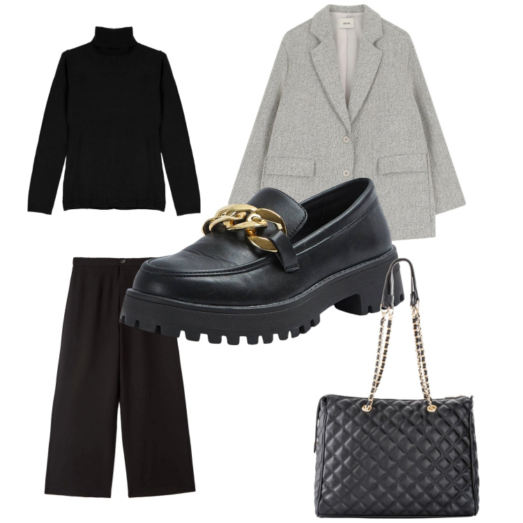 Outfit donna - In ufficio easy. Abbinamento con shopping bag, pantaloni, mocassini, maglieria, blazer.