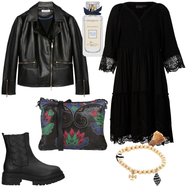 Outfit donna - Stile boho biker black. Stile Boho per Tutti i giorni. Abbinamento con vestiti chemisier, braccialetti, borse a tracolla, stivaletti, profumi, blazer.