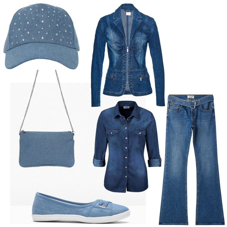 Outfit donna - Jeans mania. Stile Urban per Tutti i giorni. Abbinamento con camicie, ballerine, blazer, jeans a zampa, borse a tracolla, cappelli.