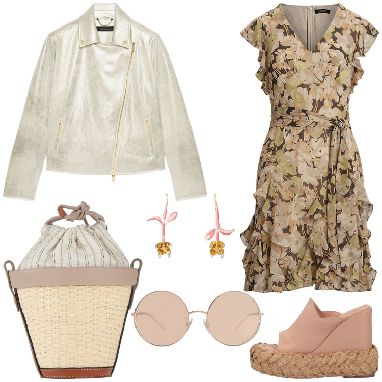 Outfit donna - Stile boho biker floreale. Stile Boho per Tutti i giorni. Abbinamento con occhiali da sole, espadrillas, orecchini, borse a spalla, vestiti, blazer.