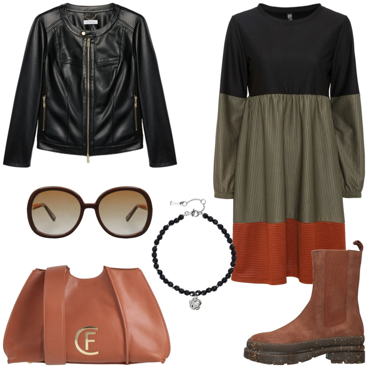 Outfit donna - Stile boho biker brown. Stile Boho per Tutti i giorni. Abbinamento con vestiti corti, stivaletti, borse a tracolla, occhiali da sole, braccialetti, blazer.