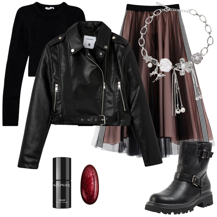 Outfit donna - Total look #2056212. Stile Rock per Serata fuori. Abbinamento con smalti, stivaletti, giacche, maglieria, collane, gonne longuette.