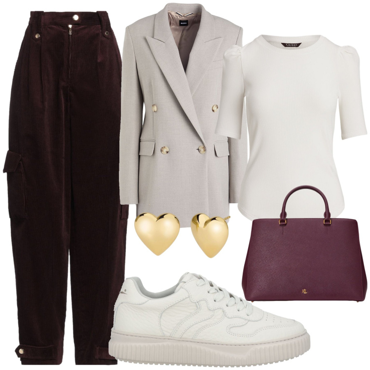 Outfit donna - Cargo e blazer. Stile Casual chic per Tutti i giorni. Abbinamento con pantaloni cargo, blazer, sneakers, orecchini, borse a mano, t-shirt.