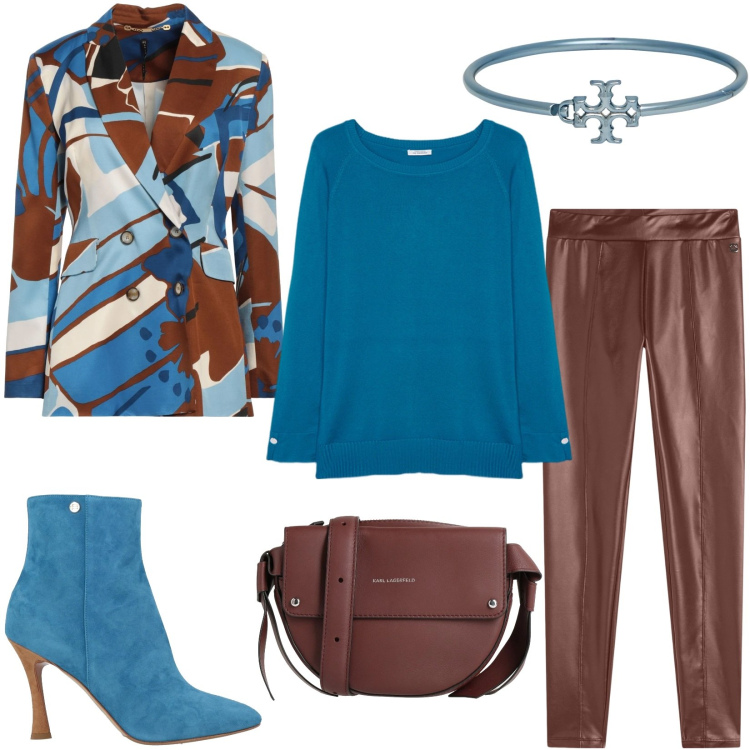 Outfit donna - Leggings e giacca doppio petto. Stile Chic per Serata fuori. Abbinamento con blazer, stivaletti, braccialetti, borse a tracolla, treggings, maglieria.