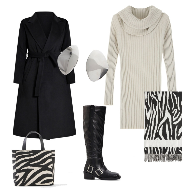 Outfit donna - black and white. Stile Urban per Tutti i giorni. look ideale per Tall. Abbinamento con borse a mano, stivali sopra il ginocchio, cappotti, vestiti corti, orecchini, sciarpe.