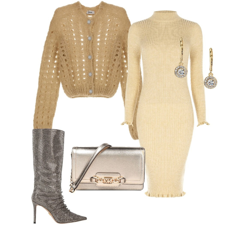 Outfit donna - Bantoa in love. Stile Chic per Serata fuori. Abbinamento con stivali, borse a mano, vestiti, cardigans, orecchini.