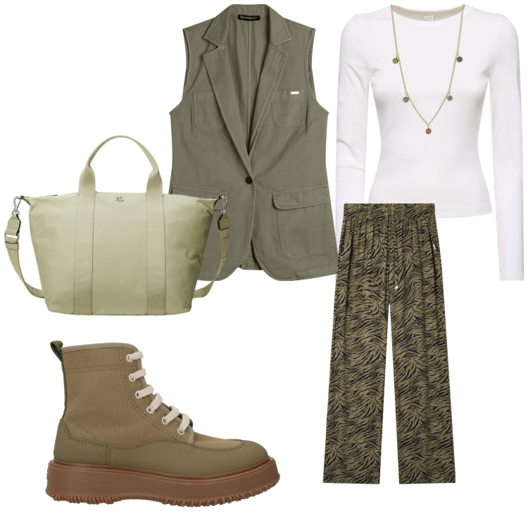 Outfit donna - Colori verdi. per Tutti i giorni. Abbinamento con stivaletti, ciondoli, pantaloni, gilet, borse tote, t-shirt.
