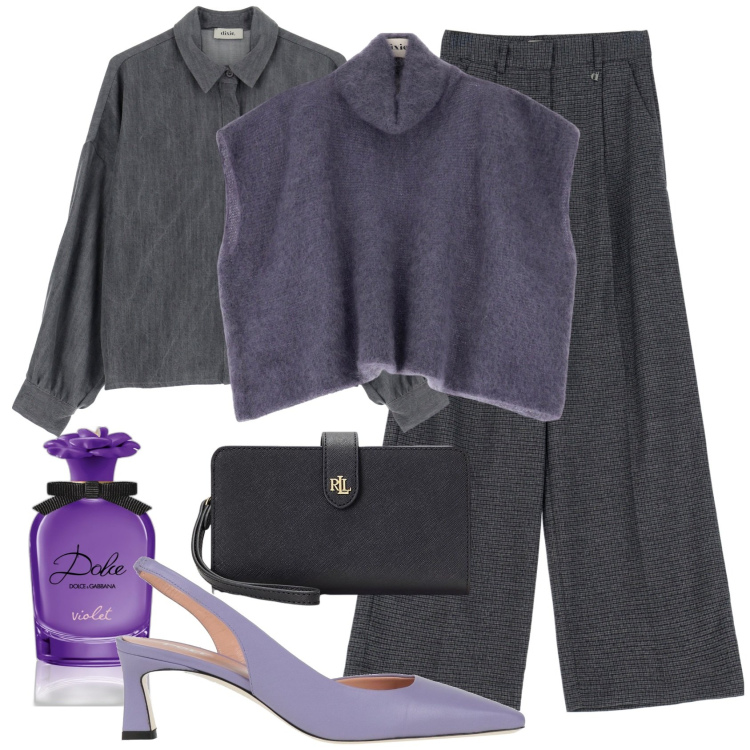 Outfit donna - Viola e grigio. Stile Casual chic per Tutti i giorni. Abbinamento con décolleté, profumi, pochette, pantaloni, camicie, cappotti.