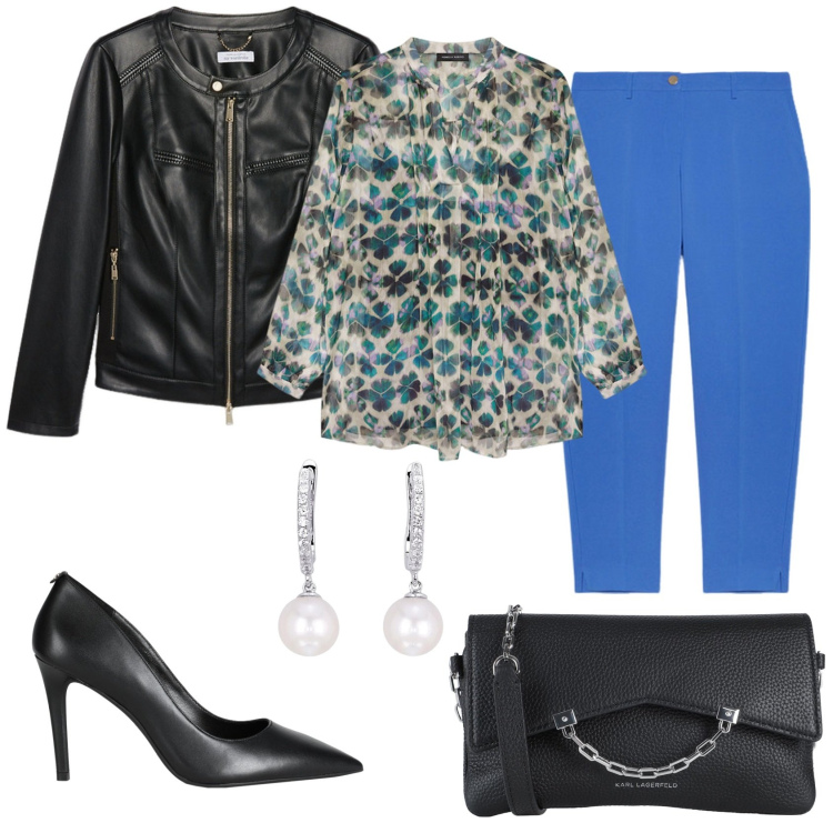 Outfit donna - Giusto per un appuntamento. Stile Glamour per Tutti i giorni. Abbinamento con borse a tracolla, décolleté, orecchini, bluse, pantaloni chino, blazer.