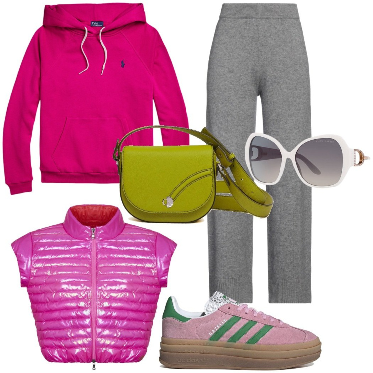 Outfit donna - Sporty chic. Stile Sporty chic per Tutti i giorni. Abbinamento con pantaloni, occhiali da sole, felpe con cappuccio, blazer, sneakers, borse a tracolla.