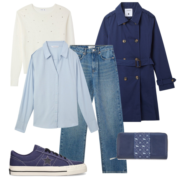 Outfit donna - Un trench per tutti i giorni. Stile Casual per Tutti i giorni. Abbinamento con camicie, maglieria, jeans dritti, trench, portafogli, sneakers.