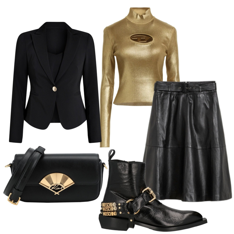 Outfit donna - Pelle e oro. Stile Glamour per Serata fuori. Abbinamento con gonne, borse a tracolla, maglieria, stivaletti texani, blazer.