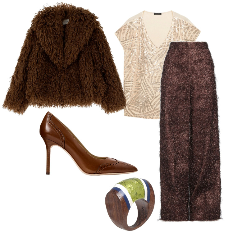 Outfit donna - Gioiello etnico. Stile Etnico per Serata fuori. Abbinamento con pantaloni, anelli, cappotti, décolleté, t-shirt.