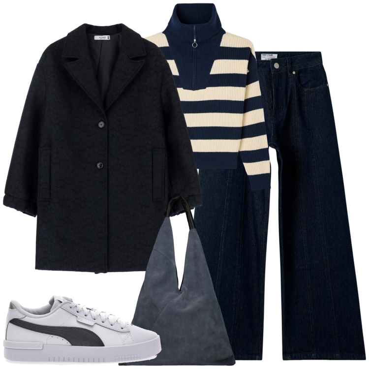 Outfit donna - Febbraio. Stile Casual chic per Tutti i giorni. Abbinamento con jeans, maglieria, cappotti, sneakers, borse a spalla.