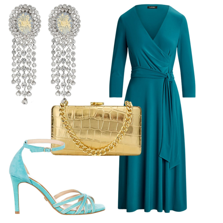 Outfit donna - Petrolio e oro. Stile Chic per Serata fuori. Abbinamento con sandali col tacco, vestiti, clutch, orecchini.