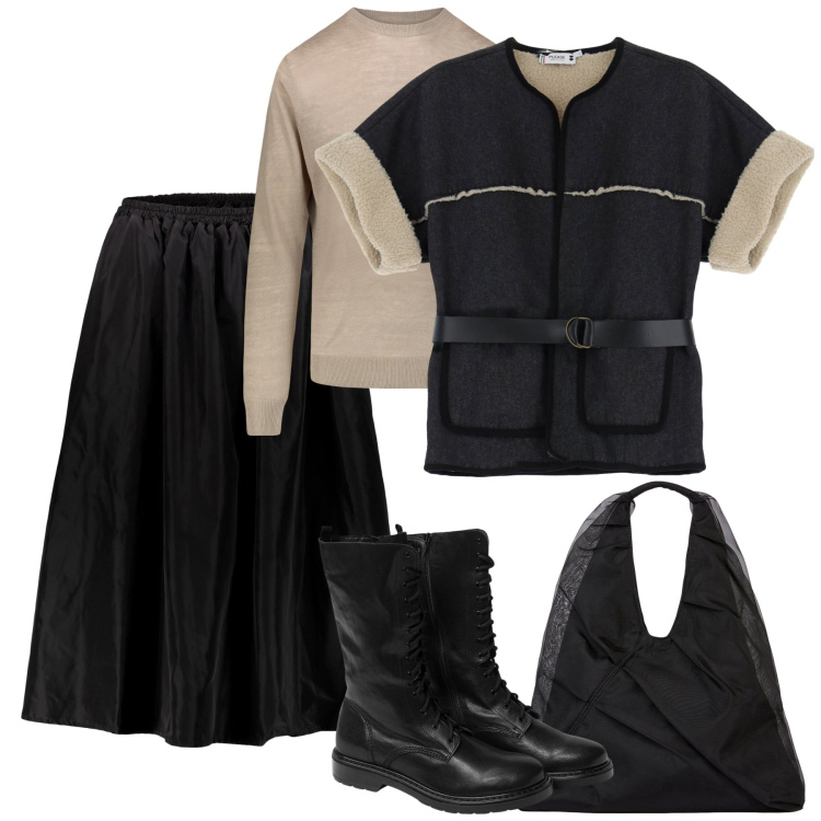 Outfit donna - City. Stile Urban per Tutti i giorni. Abbinamento con blazer, gonne lunghe, shopping bag, stivaletti, maglieria.