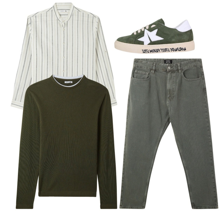 Outfit uomo - Casual pomeriggio. Stile Casual per Tutti i giorni. Abbinamento con pantaloni, camicie, maglieria, sneakers.