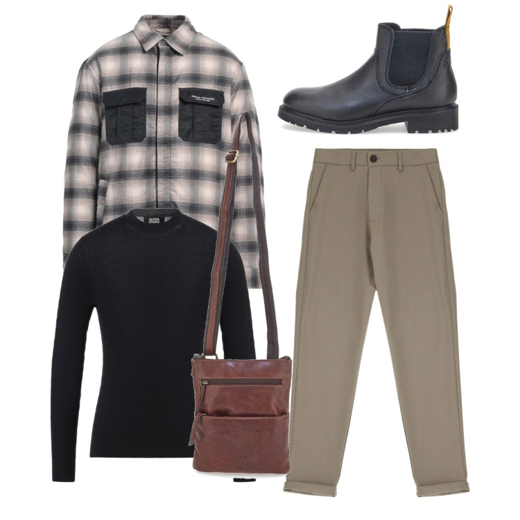 Outfit uomo - Fine settimana. Stile Casual per Tutti i giorni. Abbinamento con giacche, pullovers, pantaloni, stivali e stivaletti, portafogli.