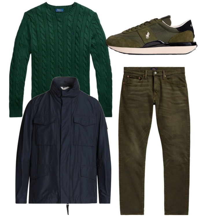 Outfit uomo - Febbraio verde e blu. Stile Casual per Tutti i giorni. Abbinamento con giacche, jeans, sneakers, maglieria.